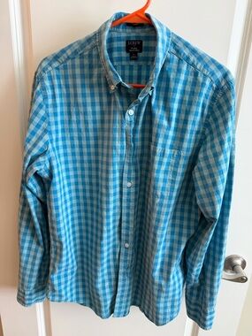 J. Crew Turquoise and Light Blue Checked Button-Down Shirt Flex Wash Classic Fit